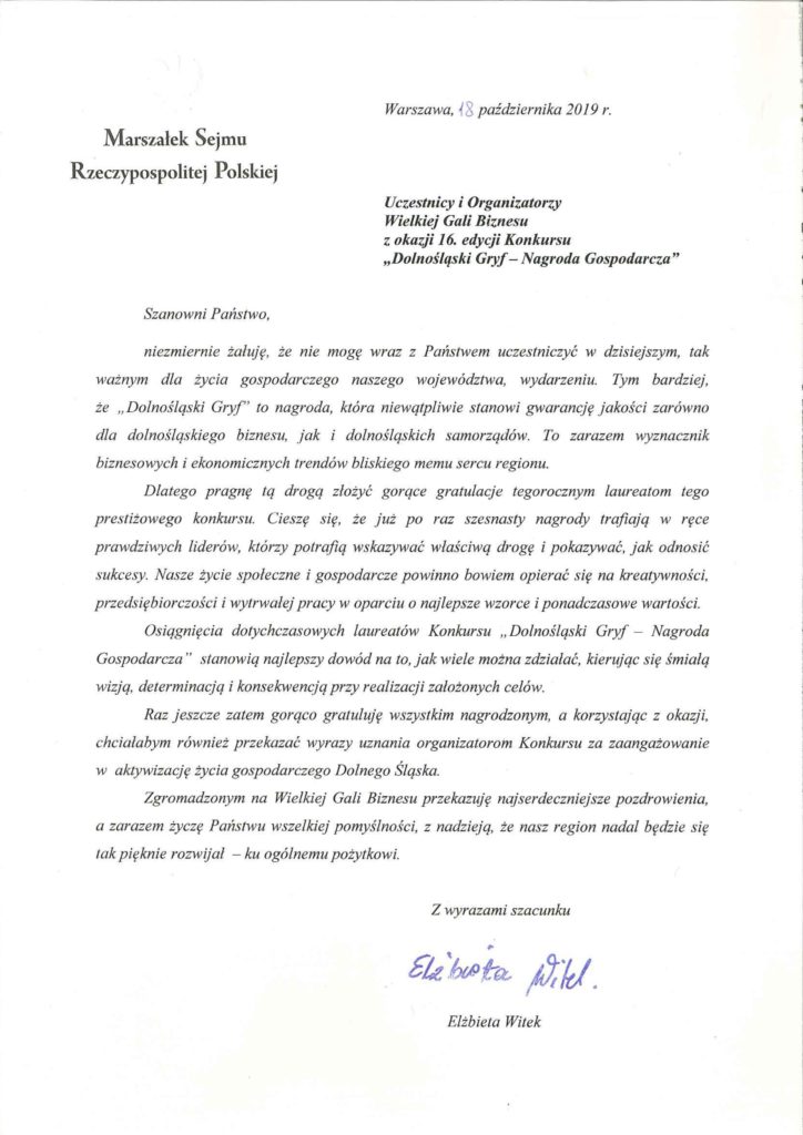List od Marszałek Sejmu RP